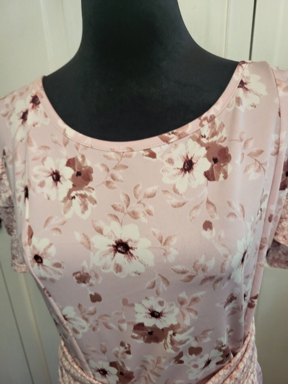 Perceptions Pale Pink Floral Dress Puff Sleeve XL Stretch Cottage Modest Wedding - Picture 3 of 11